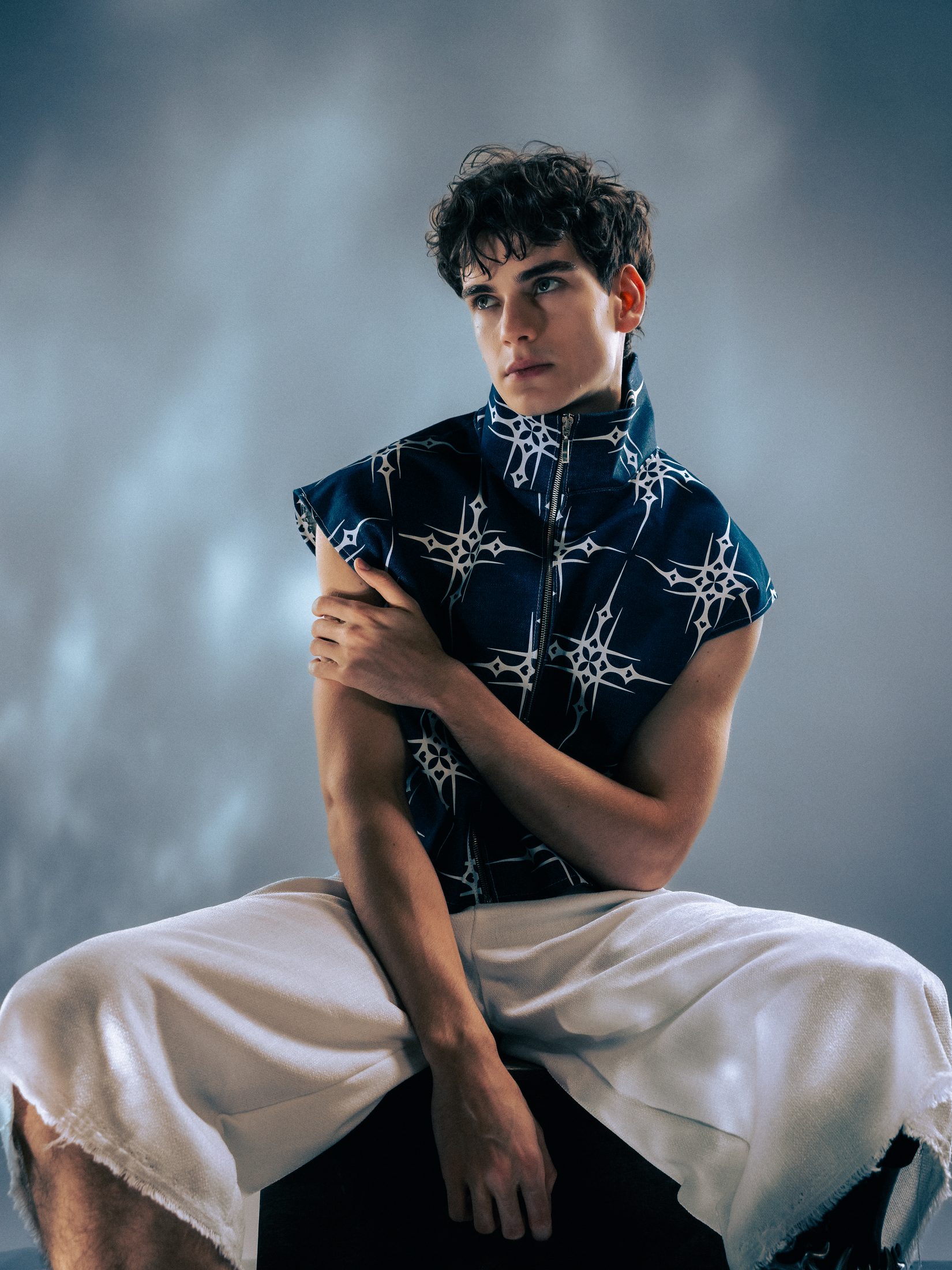 Jan Fonda in a printed sleeveless top, studio portrait